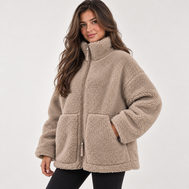 Camilla | Oversized Teddy Fleecejakke til Kvinder med Lynlås Beige