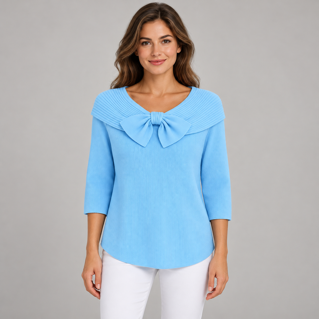 Camilla | Ribstrikket Sweater til Kvinder med Sløjfedetalje og 3/4-Ærmer