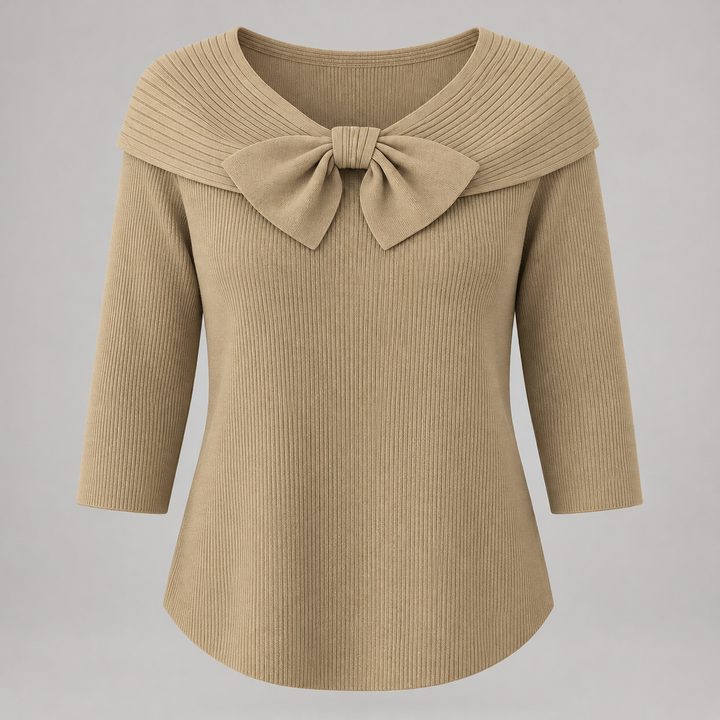 Camilla | Ribstrikket Sweater til Kvinder med Sløjfedetalje og 3/4-Ærmer