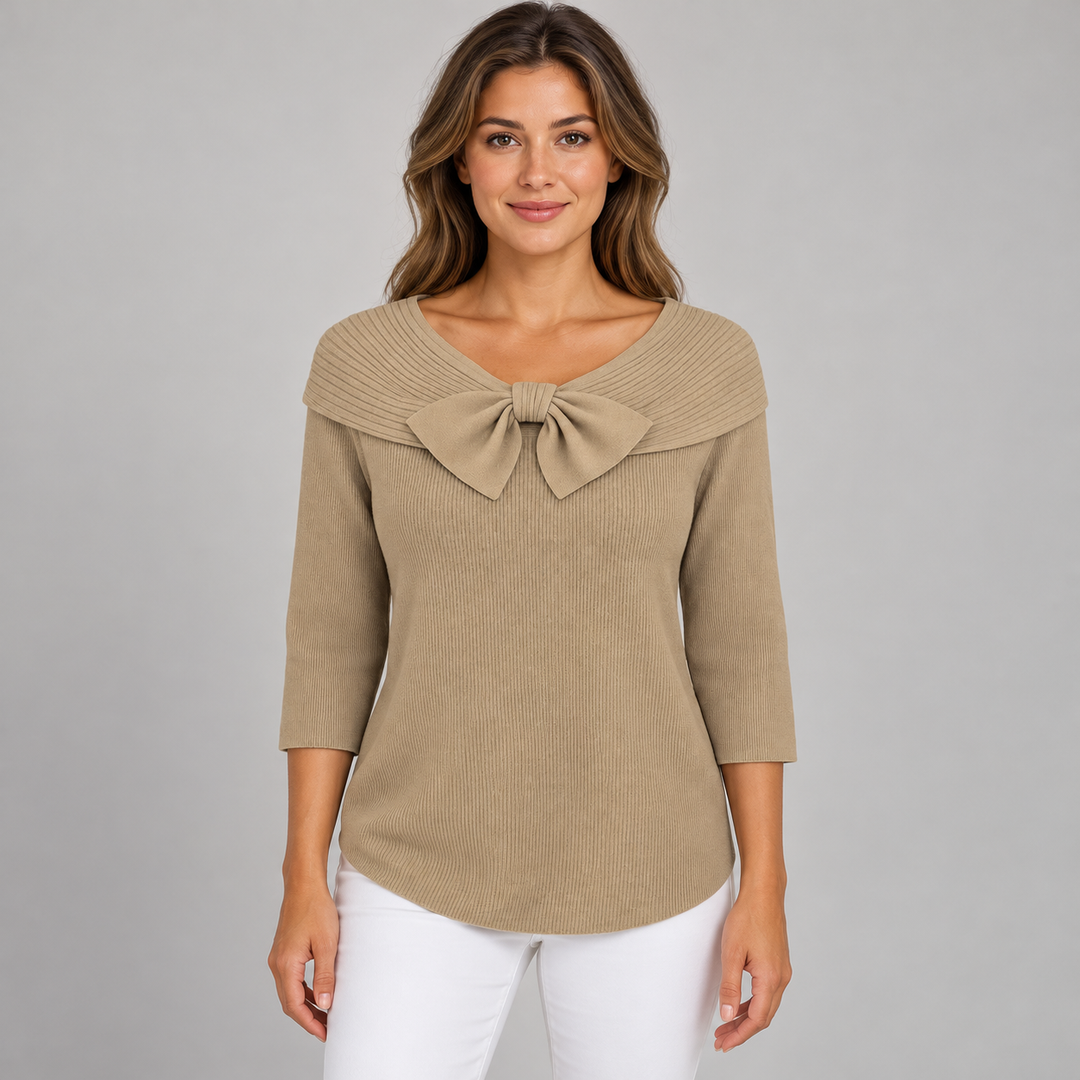 Camilla | Ribstrikket Sweater til Kvinder med Sløjfedetalje og 3/4-Ærmer