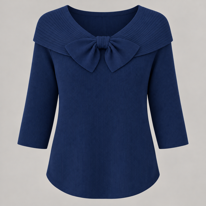 Camilla | Ribstrikket Sweater til Kvinder med Sløjfedetalje og 3/4-Ærmer