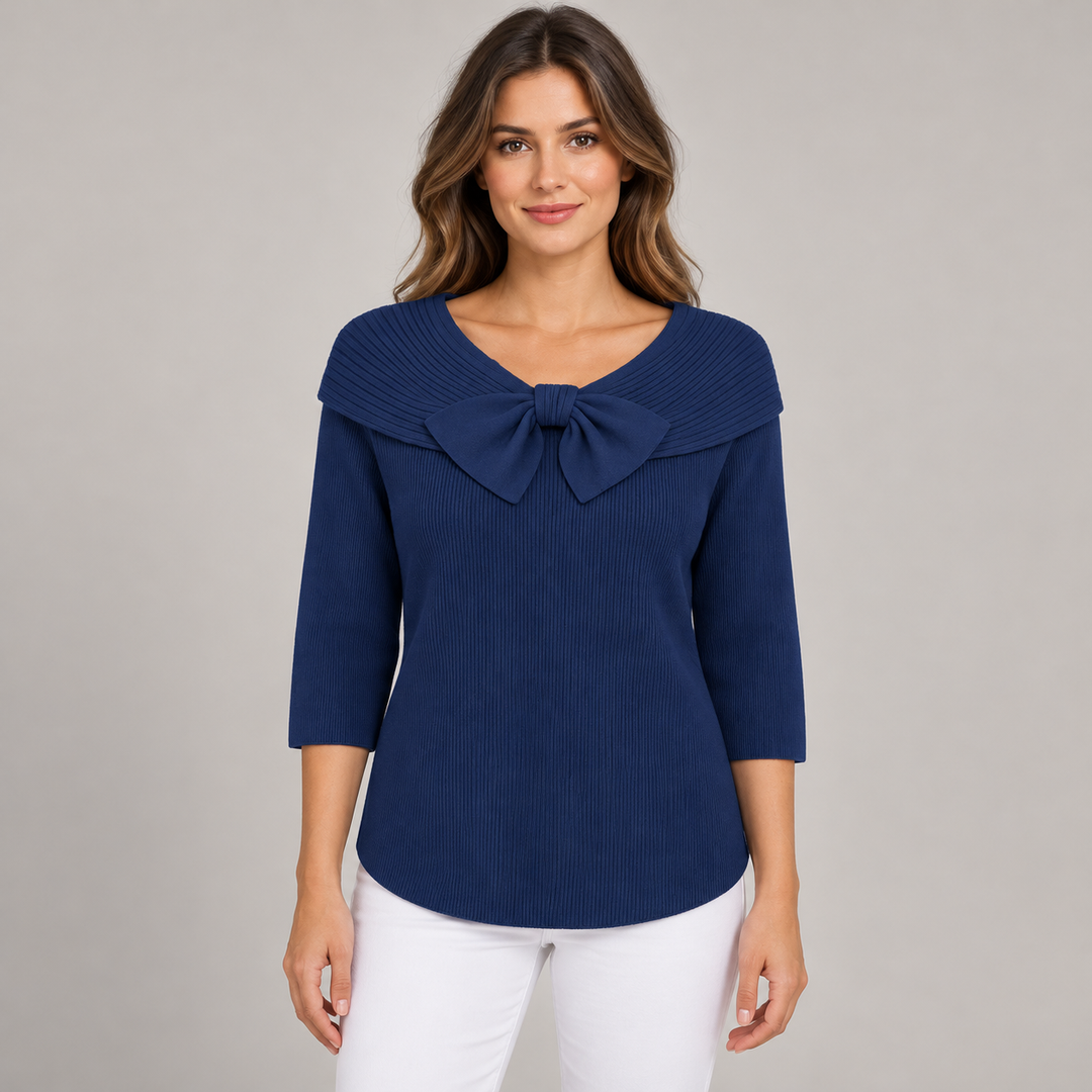 Camilla | Ribstrikket Sweater til Kvinder med Sløjfedetalje og 3/4-Ærmer