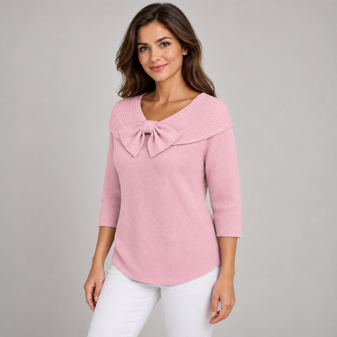 Camilla | Ribstrikket Sweater til Kvinder med Sløjfedetalje og 3/4-Ærmer
