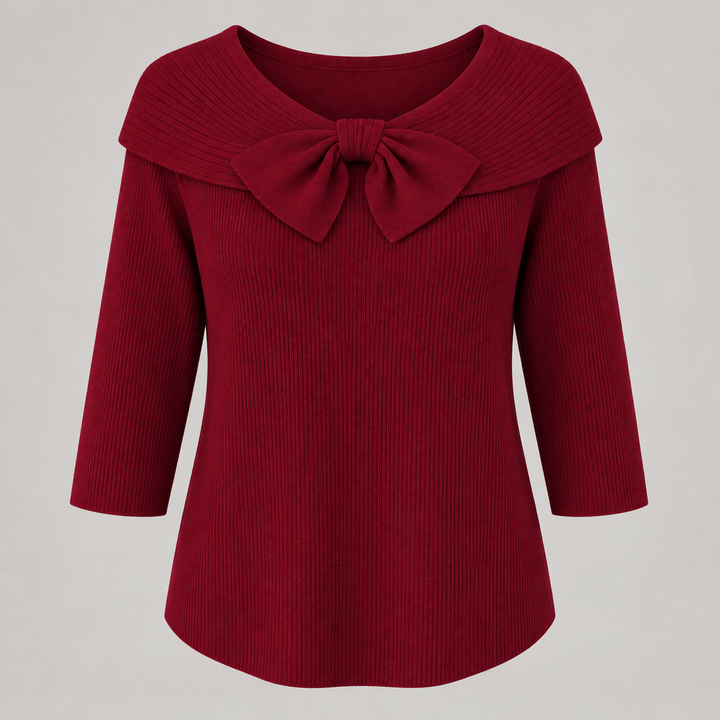 Camilla | Ribstrikket Sweater til Kvinder med Sløjfedetalje og 3/4-Ærmer