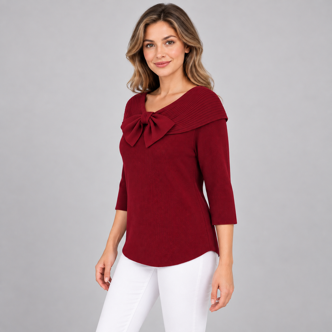 Camilla | Ribstrikket Sweater til Kvinder med Sløjfedetalje og 3/4-Ærmer