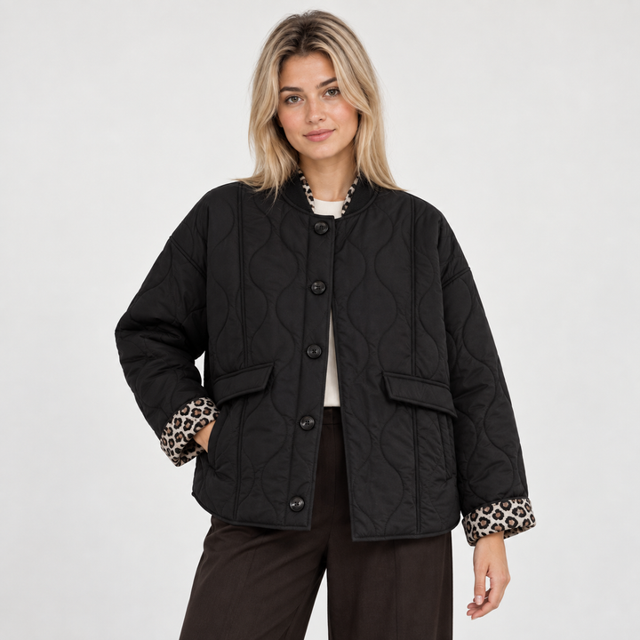 Cecilie | Quiltet Jakke til Kvinder med Leopardprint For Olivengrøn