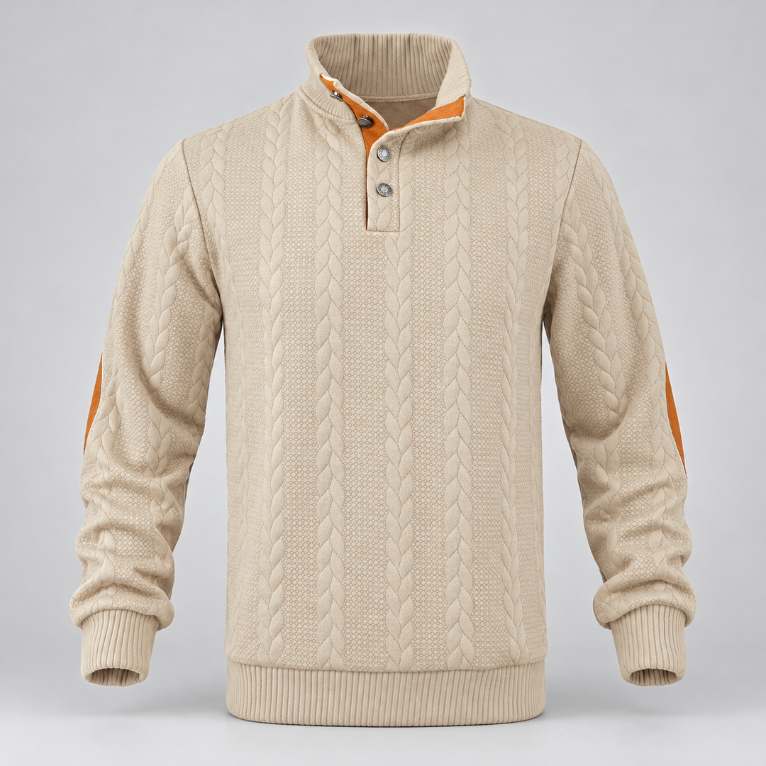 Christian | Kabelstrikket Sweater til Mænd med Høj Krave og Knaplukning