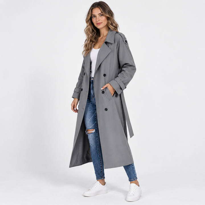 Clara | Lang Trenchcoat til Kvinder med Reverskrave og Bælte