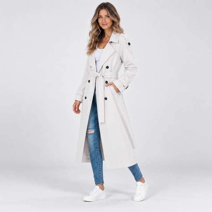 Clara | Lang Trenchcoat til Kvinder med Reverskrave og Bælte