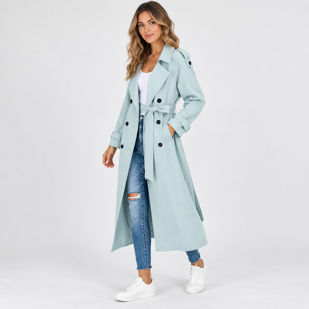 Clara | Lang Trenchcoat til Kvinder med Reverskrave og Bælte
