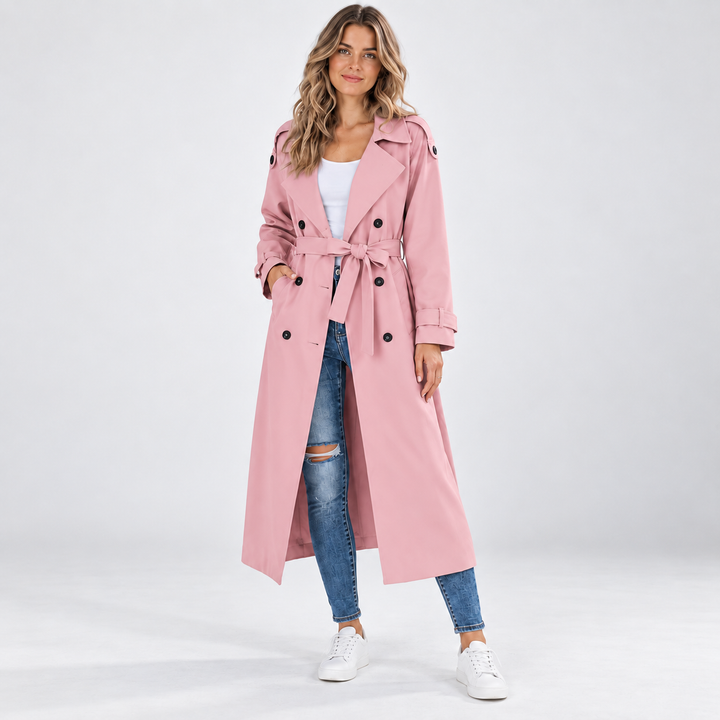Clara | Lang Trenchcoat til Kvinder med Reverskrave og Bælte
