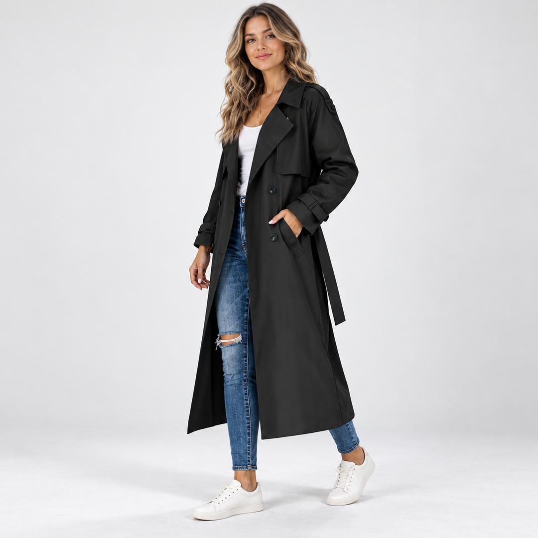 Clara | Lang Trenchcoat til Kvinder med Reverskrave og Bælte