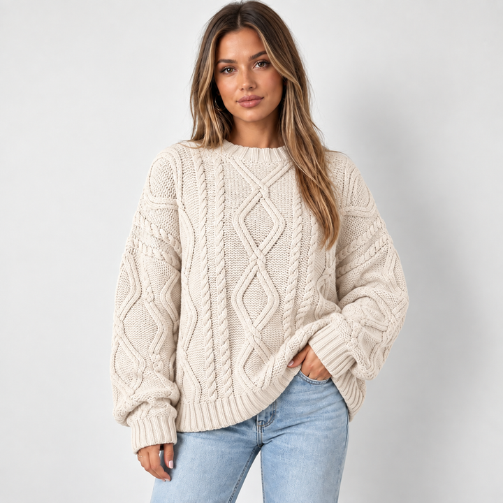 Lisbeth | Oversized Kabelstrikket Sweater til Kvinder med Rund Hals Abrikos