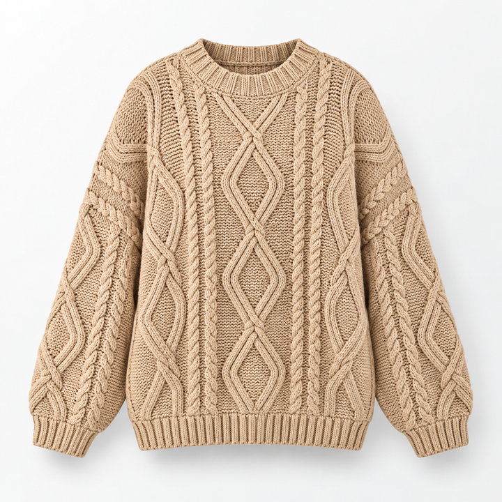 Lisbeth | Oversized Kabelstrikket Sweater til Kvinder med Rund Hals Abrikos
