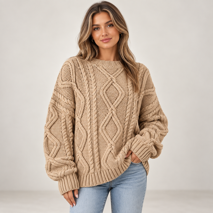 Lisbeth | Oversized Kabelstrikket Sweater til Kvinder med Rund Hals Abrikos