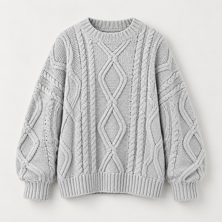 Lisbeth | Oversized Kabelstrikket Sweater til Kvinder med Rund Hals Abrikos