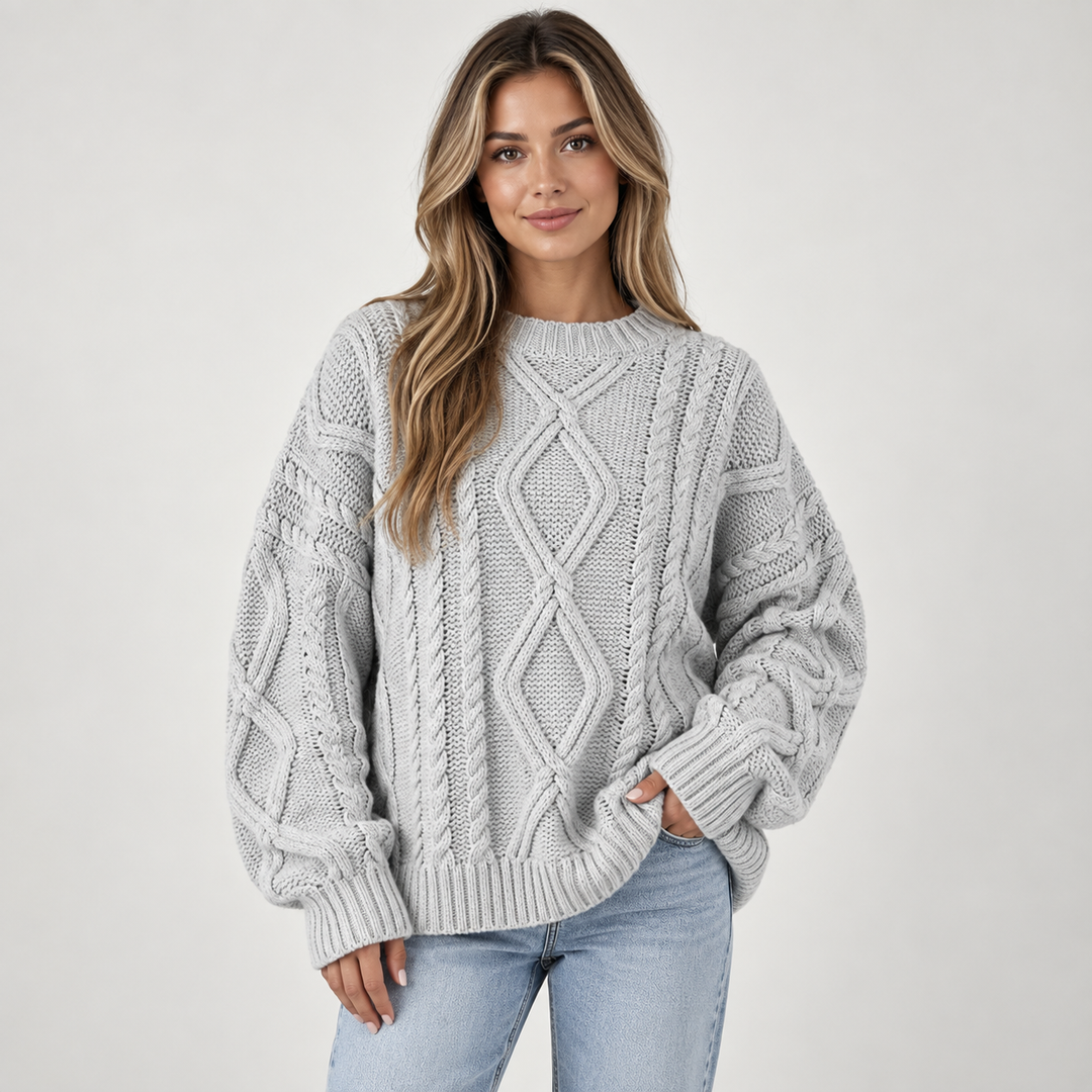 Lisbeth | Oversized Kabelstrikket Sweater til Kvinder med Rund Hals Abrikos