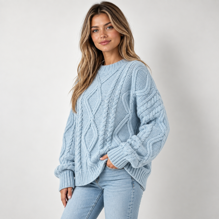 Lisbeth | Oversized Kabelstrikket Sweater til Kvinder med Rund Hals Abrikos