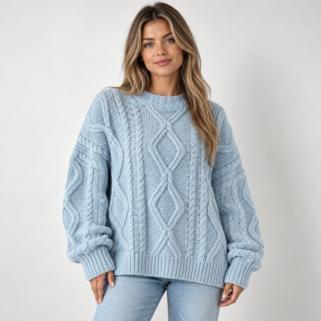 Lisbeth | Oversized Kabelstrikket Sweater til Kvinder med Rund Hals Abrikos
