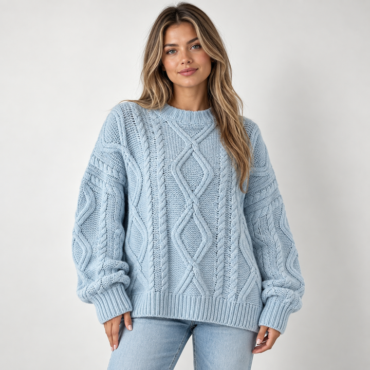 Lisbeth | Oversized Kabelstrikket Sweater til Kvinder med Rund Hals Abrikos