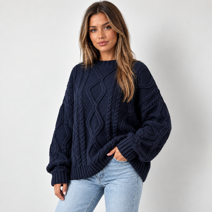 Lisbeth | Oversized Kabelstrikket Sweater til Kvinder med Rund Hals Abrikos