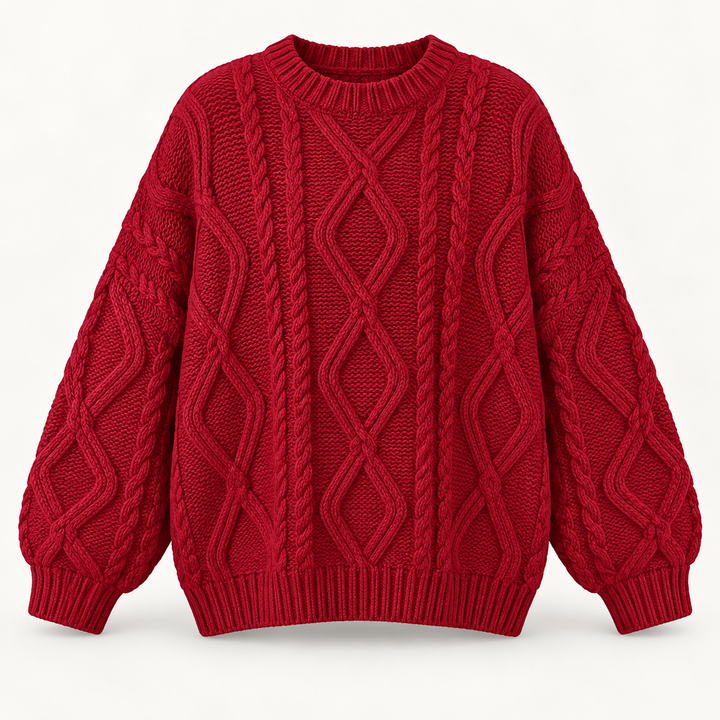 Lisbeth | Oversized Kabelstrikket Sweater til Kvinder med Rund Hals Abrikos