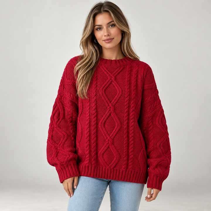 Lisbeth | Oversized Kabelstrikket Sweater til Kvinder med Rund Hals Abrikos
