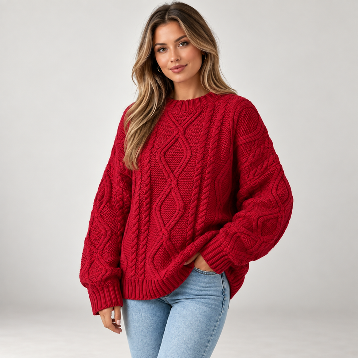 Lisbeth | Oversized Kabelstrikket Sweater til Kvinder med Rund Hals Abrikos