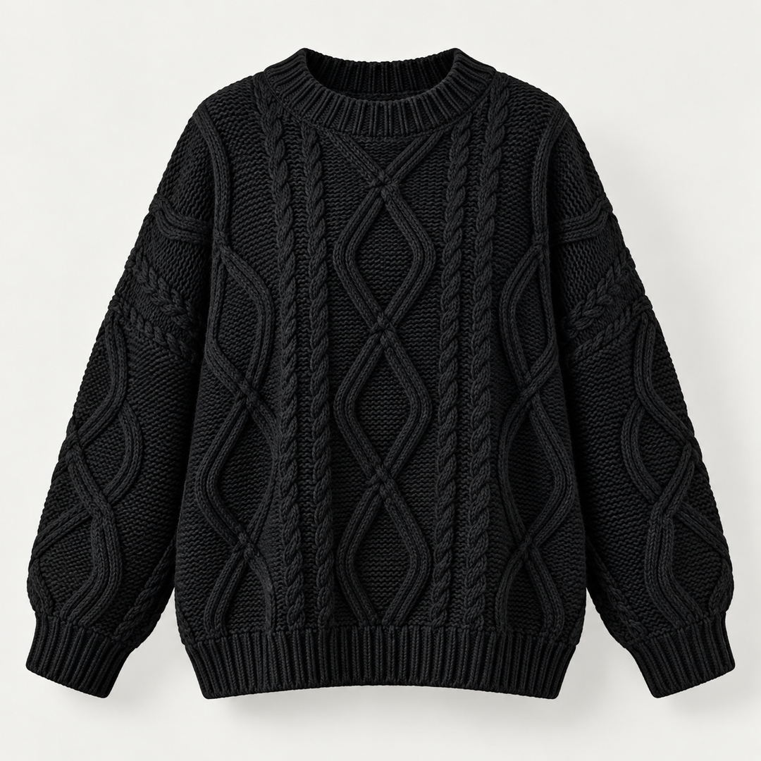 Lisbeth | Oversized Kabelstrikket Sweater til Kvinder med Rund Hals Abrikos