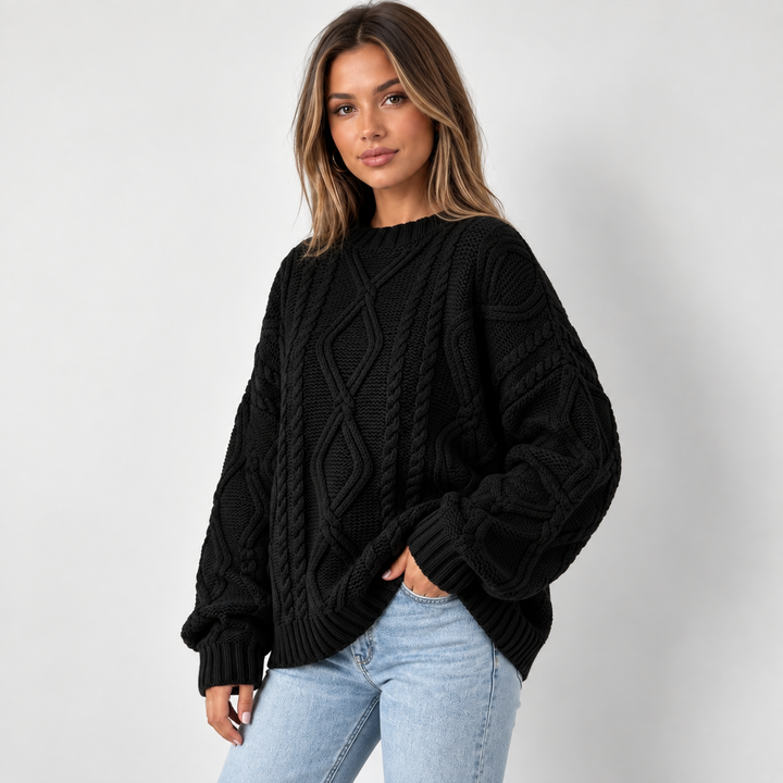 Lisbeth | Oversized Kabelstrikket Sweater til Kvinder med Rund Hals Abrikos