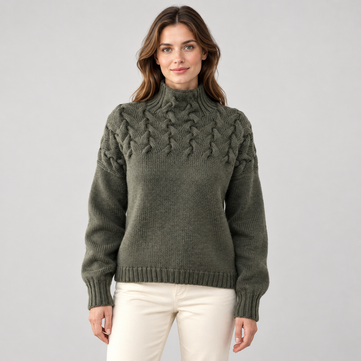 Liva | Kabelstrikket Rullekravesweater til Kvinder med Lange Ærmer