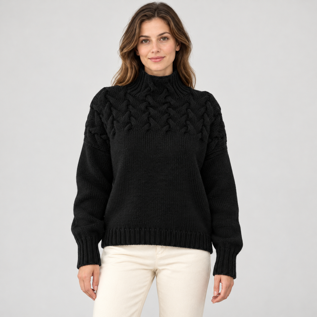 Liva | Kabelstrikket Rullekravesweater til Kvinder med Lange Ærmer