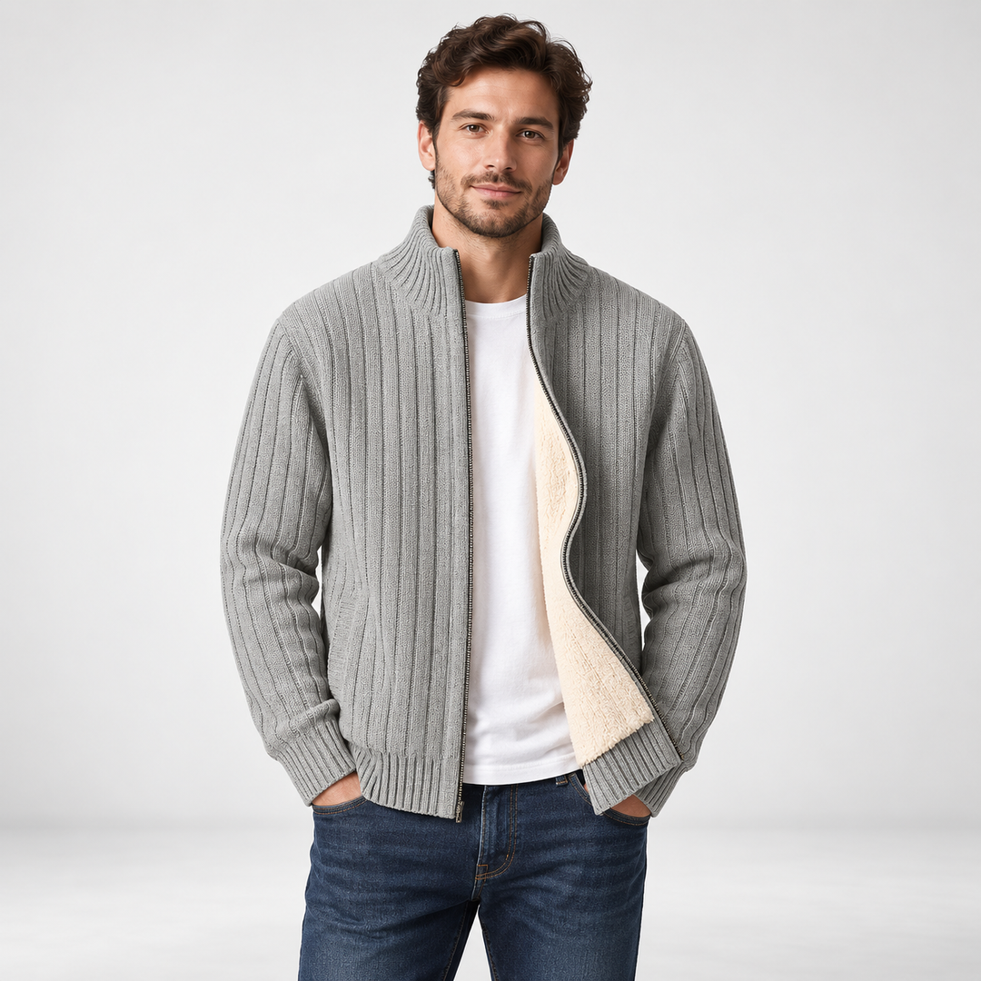 Magnus | Ribstrikket Cardigan til Mænd med Lynlås og Fleecefor Mørkegrå