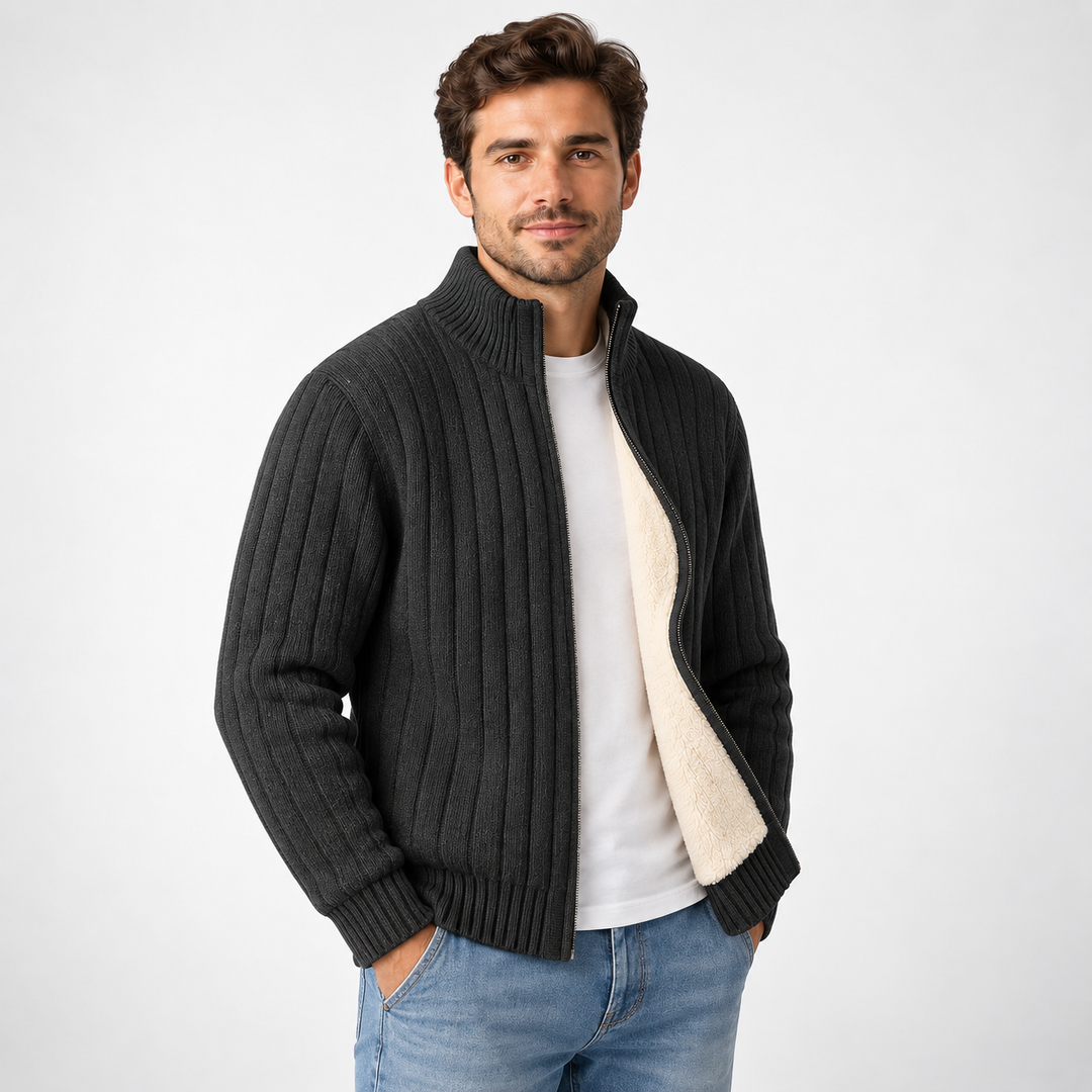 Magnus | Ribstrikket Cardigan til Mænd med Lynlås og Fleecefor Mørkegrå