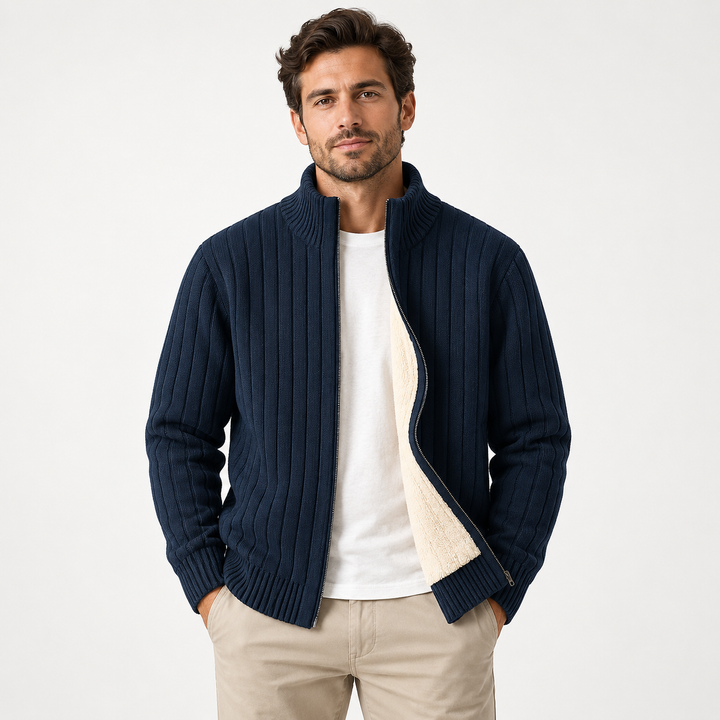 Magnus | Ribstrikket Cardigan til Mænd med Lynlås og Fleecefor Mørkegrå