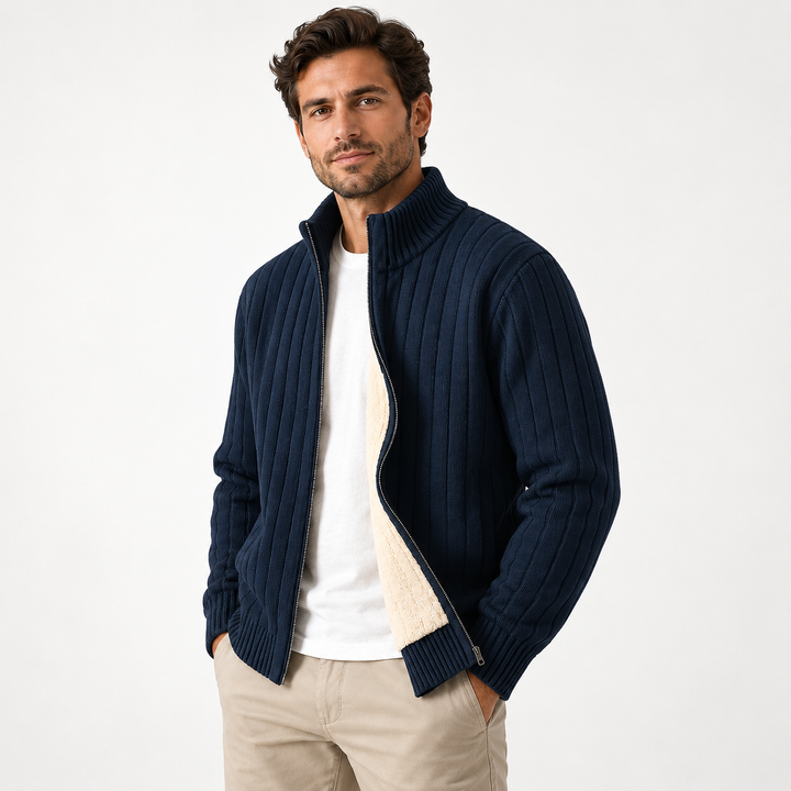 Magnus | Ribstrikket Cardigan til Mænd med Lynlås og Fleecefor Mørkegrå