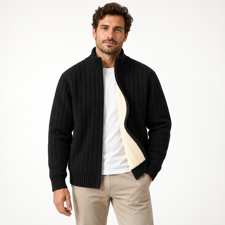Magnus | Ribstrikket Cardigan til Mænd med Lynlås og Fleecefor Mørkegrå
