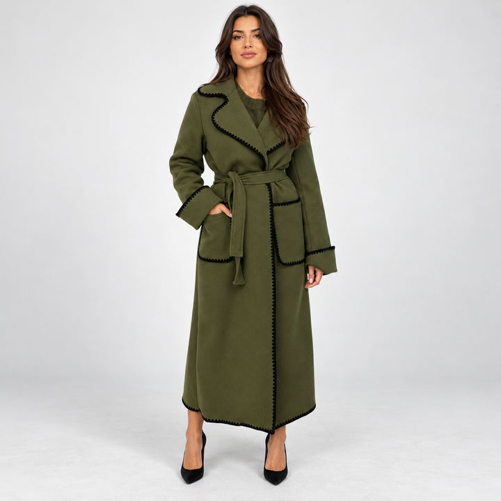 Mathilde | Lang Patchwork Trenchcoat til Kvinder med Knaplukning