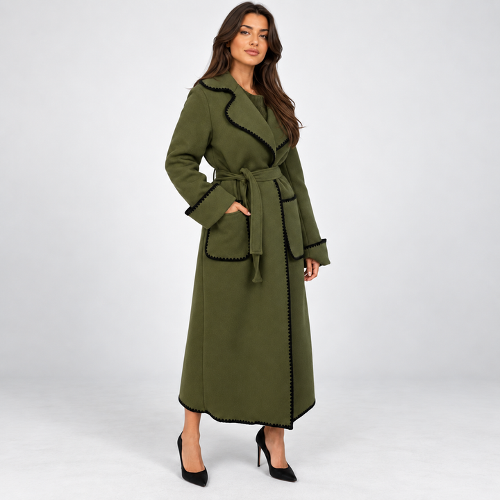Mathilde | Lang Patchwork Trenchcoat til Kvinder med Knaplukning