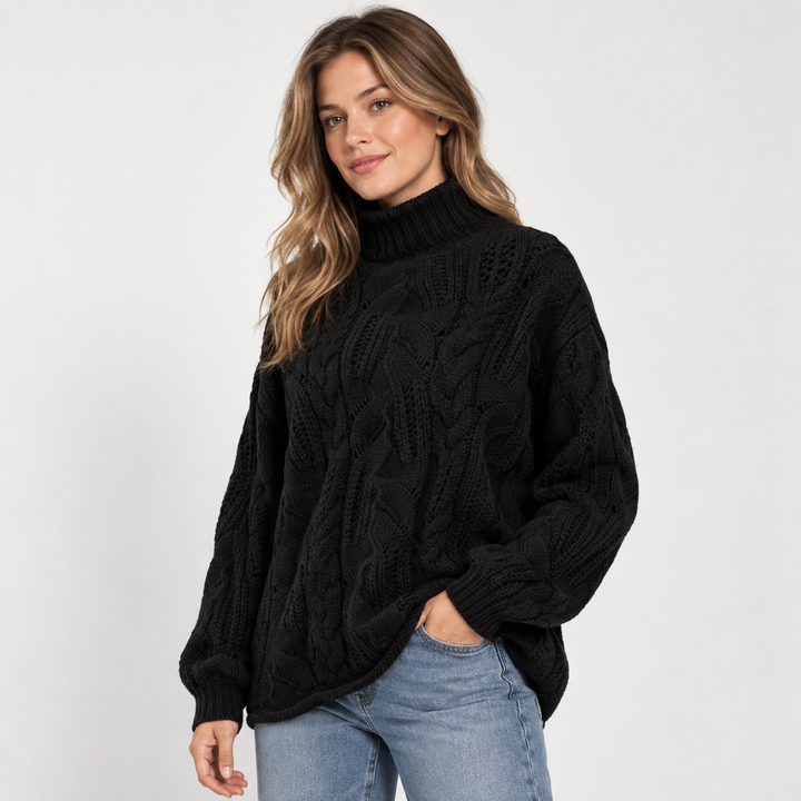 Nina | Kabelstrikket Rullekravesweater til Kvinder med Afslappet Pasform Bla