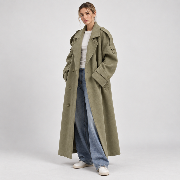 Nina | Lang Oversized Trenchcoat til Kvinder med Brede Revers