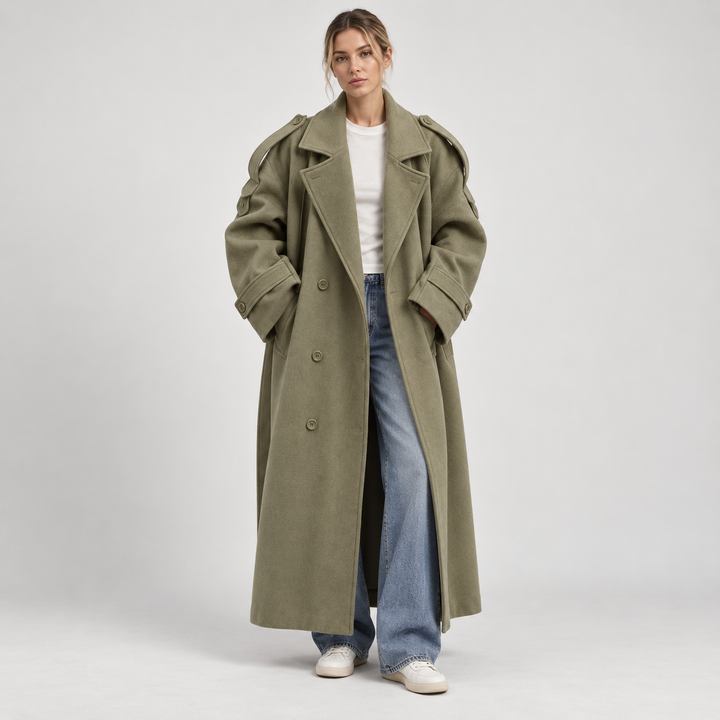Nina | Lang Oversized Trenchcoat til Kvinder med Brede Revers