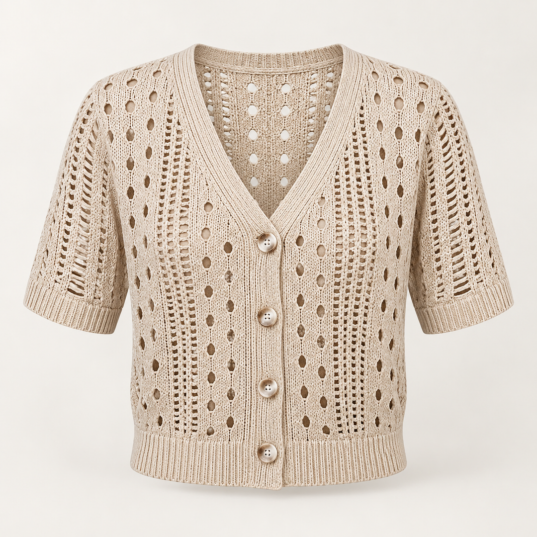 Pia | Kortærmet Cardigan til Kvinder med Åben Front Beige