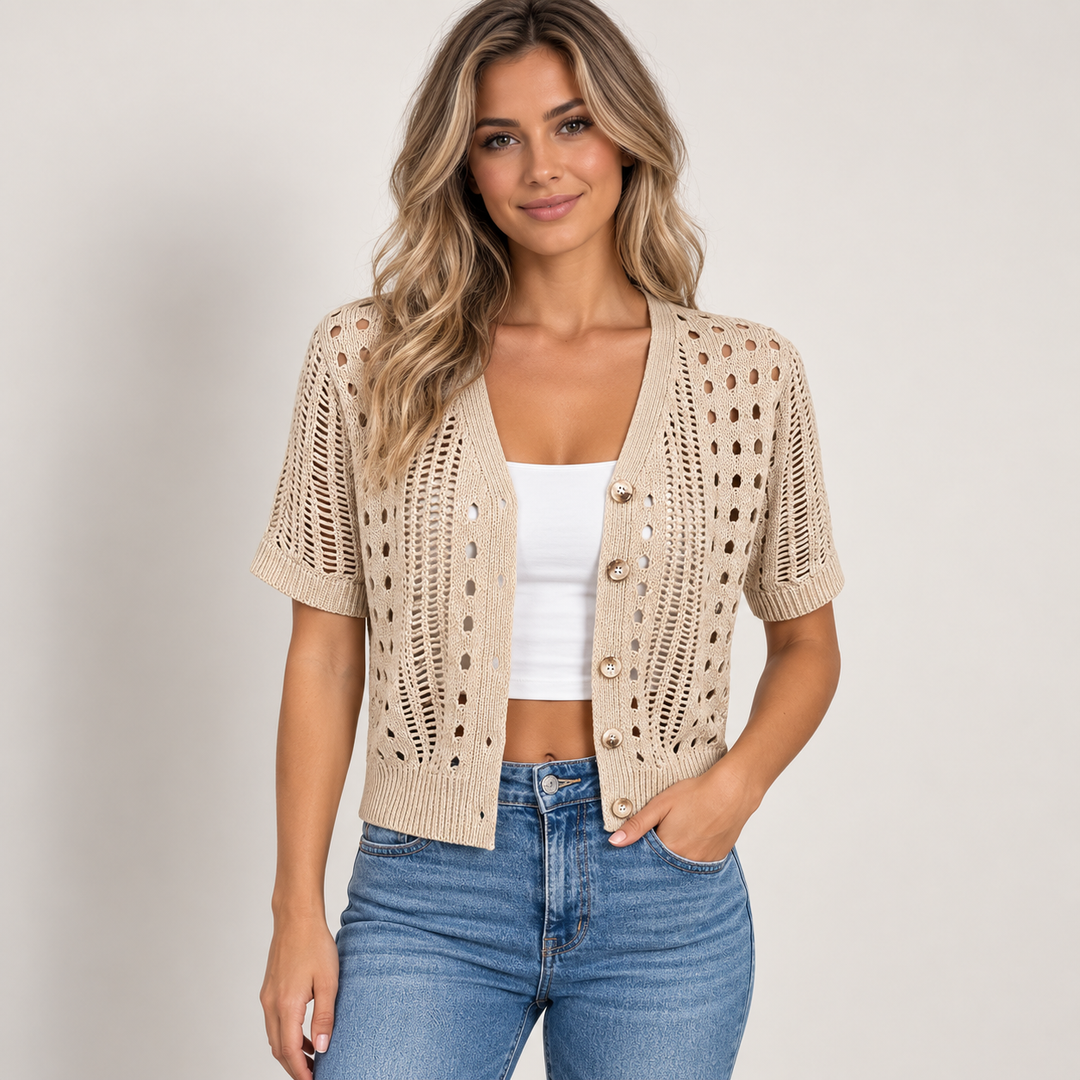 Pia | Kortærmet Cardigan til Kvinder med Åben Front Beige
