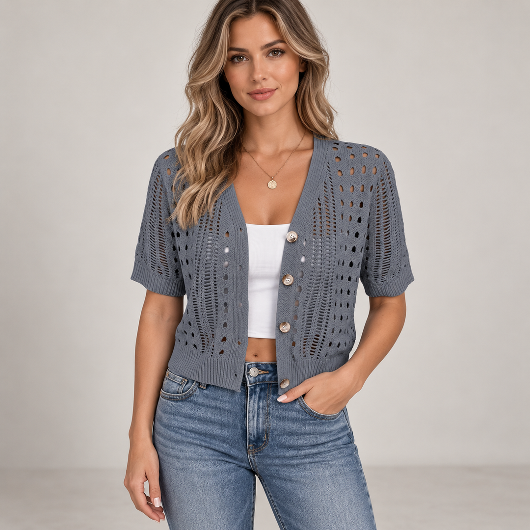 Pia | Kortærmet Cardigan til Kvinder med Åben Front Beige