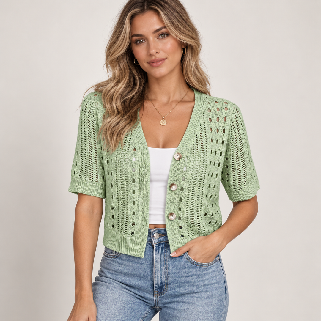 Pia | Kortærmet Cardigan til Kvinder med Åben Front Beige