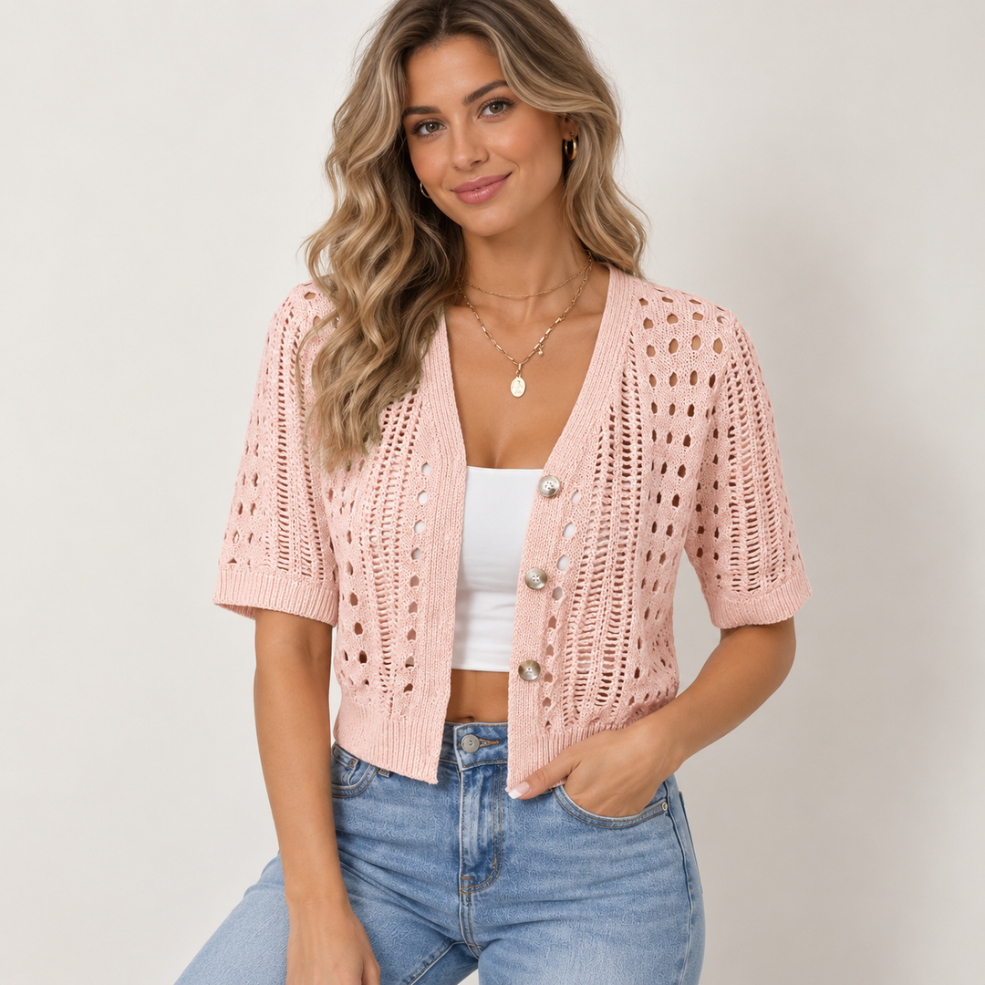 Pia | Kortærmet Cardigan til Kvinder med Åben Front Beige