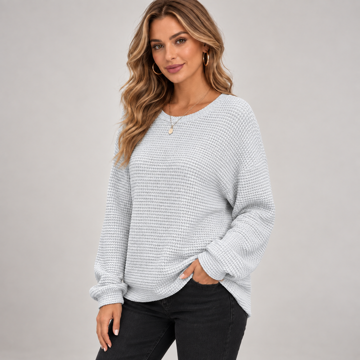 Rikke | Afslappet Vaffelstrikket Sweater til Kvinder med Rund Hals Gra