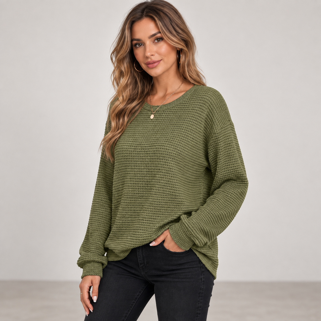 Rikke | Afslappet Vaffelstrikket Sweater til Kvinder med Rund Hals Gra
