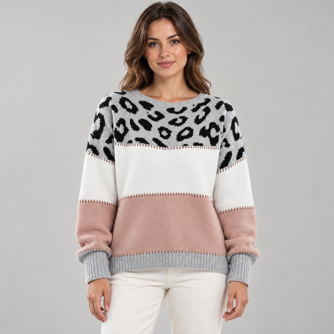 Rikke | Colorblock Sweater til Kvinder med Leopardprint og Rund Hals